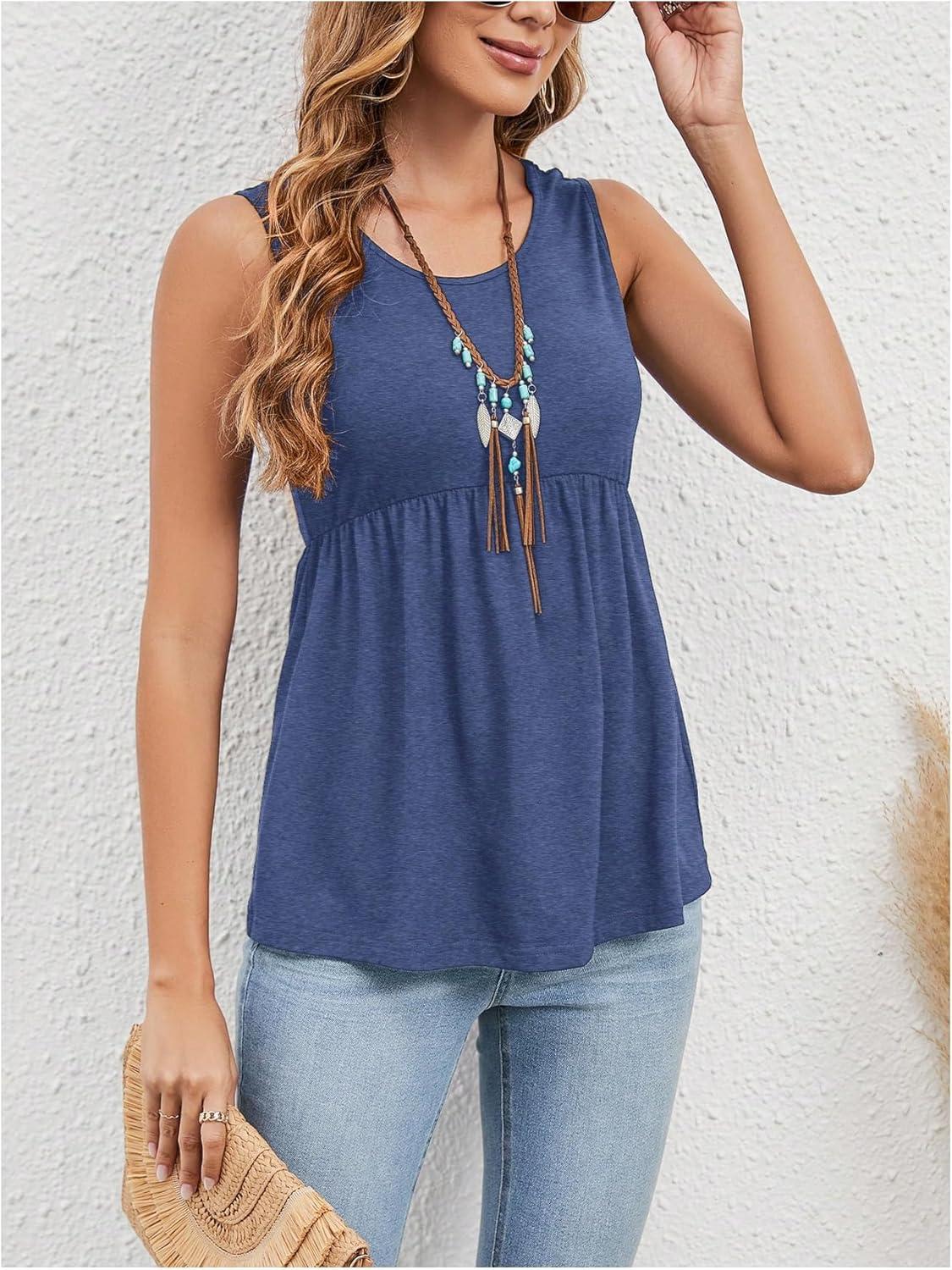 imageSweatyRocks Womens Summer Scoop Neck Ruffle Hem Babydoll Tank Sleeveless Peplum Tunic TopBlue