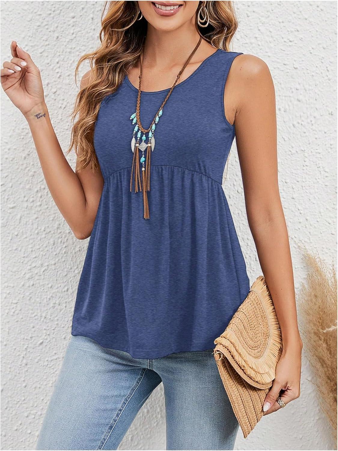 imageSweatyRocks Womens Summer Scoop Neck Ruffle Hem Babydoll Tank Sleeveless Peplum Tunic TopBlue