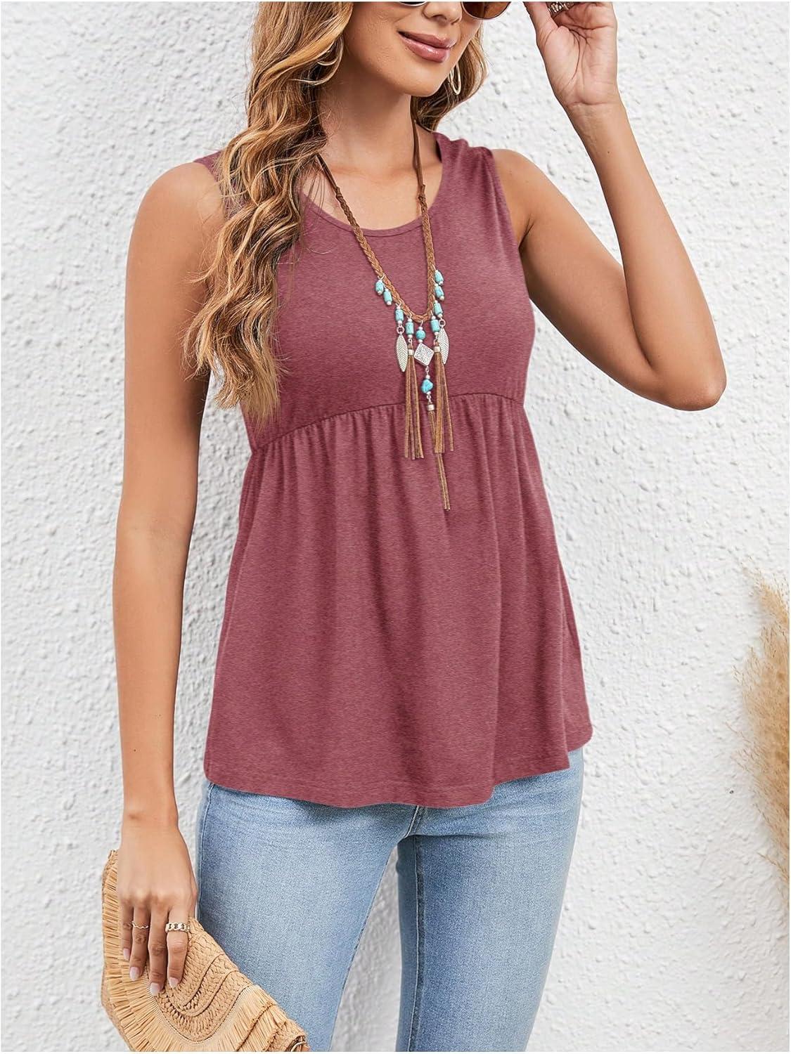 imageSweatyRocks Womens Summer Scoop Neck Ruffle Hem Babydoll Tank Sleeveless Peplum Tunic TopBurgundy
