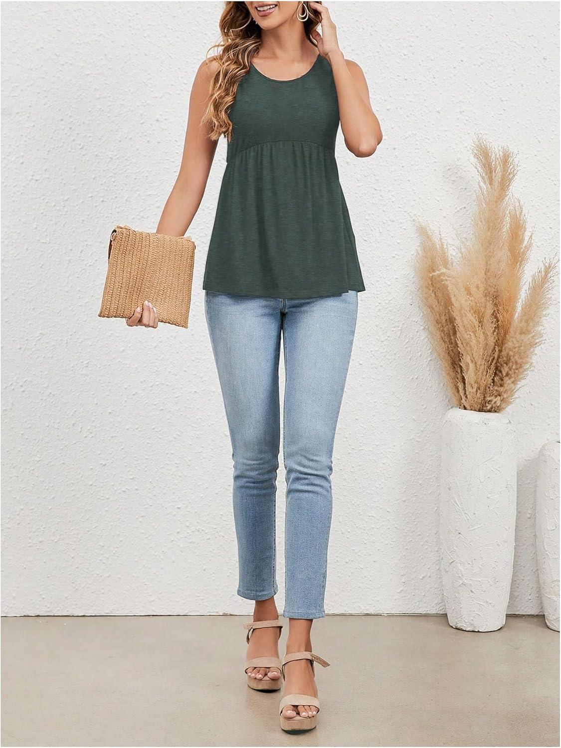 imageSweatyRocks Womens Summer Scoop Neck Ruffle Hem Babydoll Tank Sleeveless Peplum Tunic TopDark Green