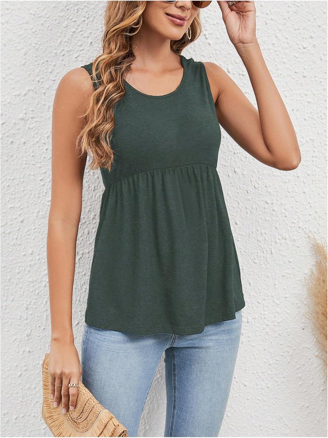 imageSweatyRocks Womens Summer Scoop Neck Ruffle Hem Babydoll Tank Sleeveless Peplum Tunic TopDark Green