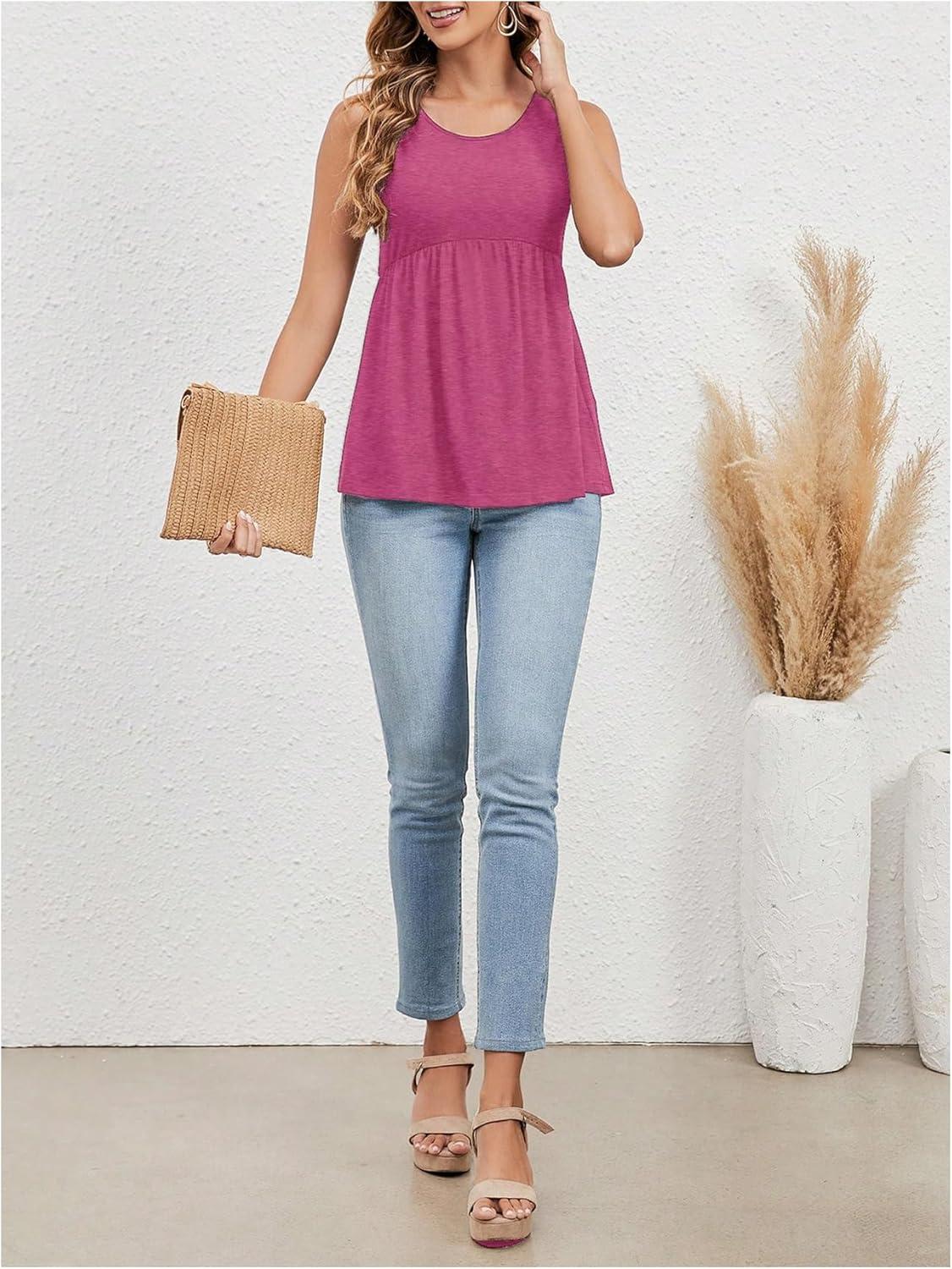 imageSweatyRocks Womens Summer Scoop Neck Ruffle Hem Babydoll Tank Sleeveless Peplum Tunic TopHot Pink