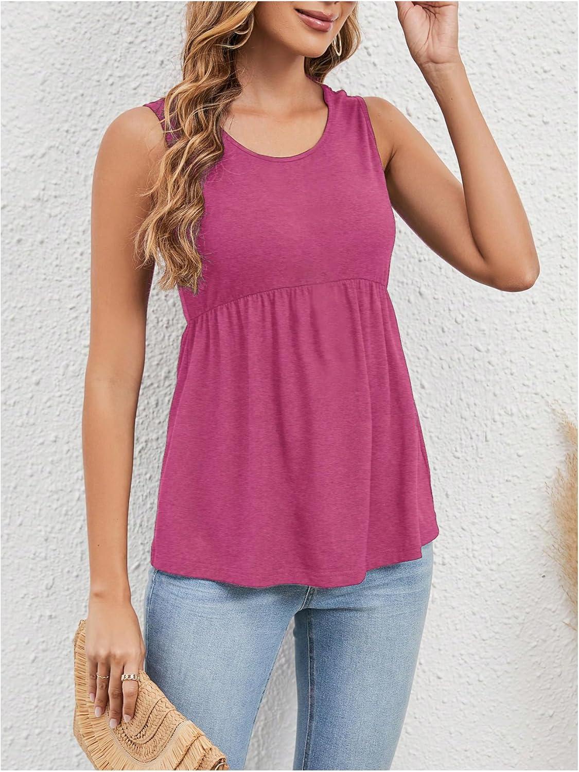 imageSweatyRocks Womens Summer Scoop Neck Ruffle Hem Babydoll Tank Sleeveless Peplum Tunic TopHot Pink