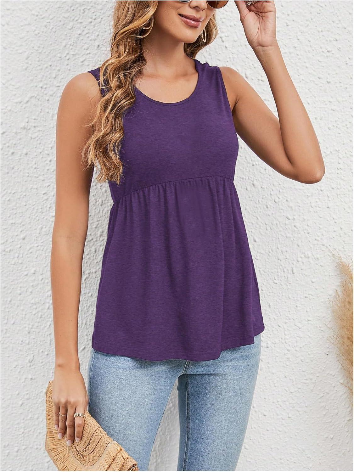 imageSweatyRocks Womens Summer Scoop Neck Ruffle Hem Babydoll Tank Sleeveless Peplum Tunic TopPurple