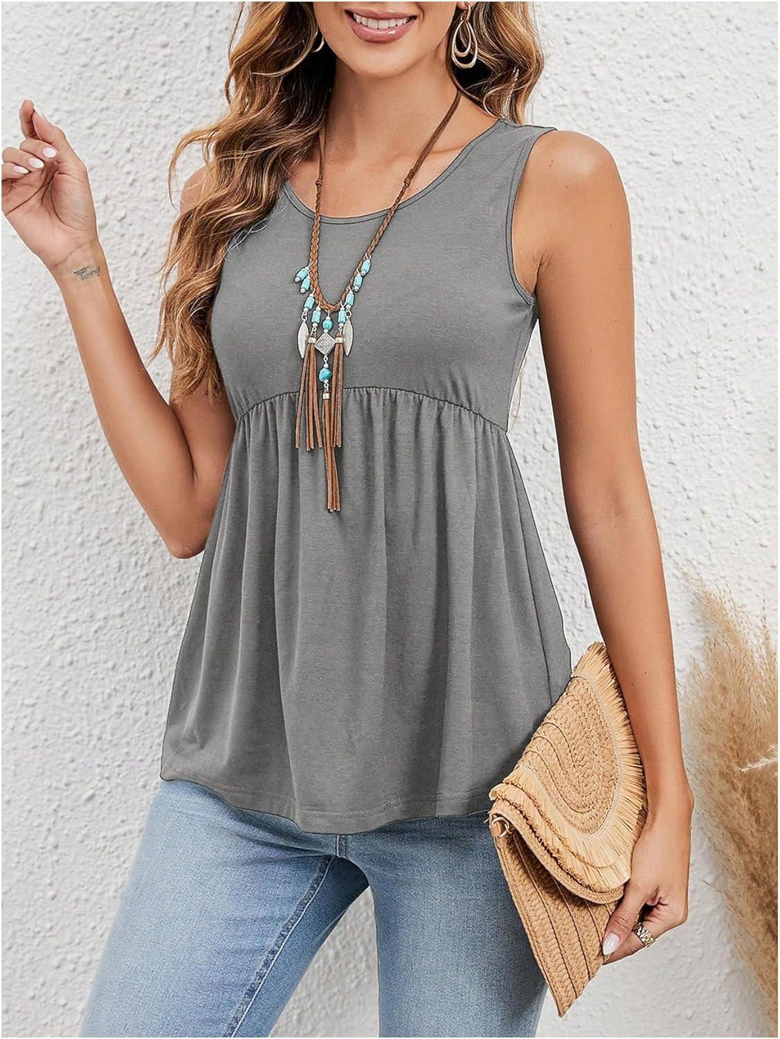 imageSweatyRocks Womens Summer Scoop Neck Ruffle Hem Babydoll Tank Sleeveless Peplum Tunic TopSolid Grey