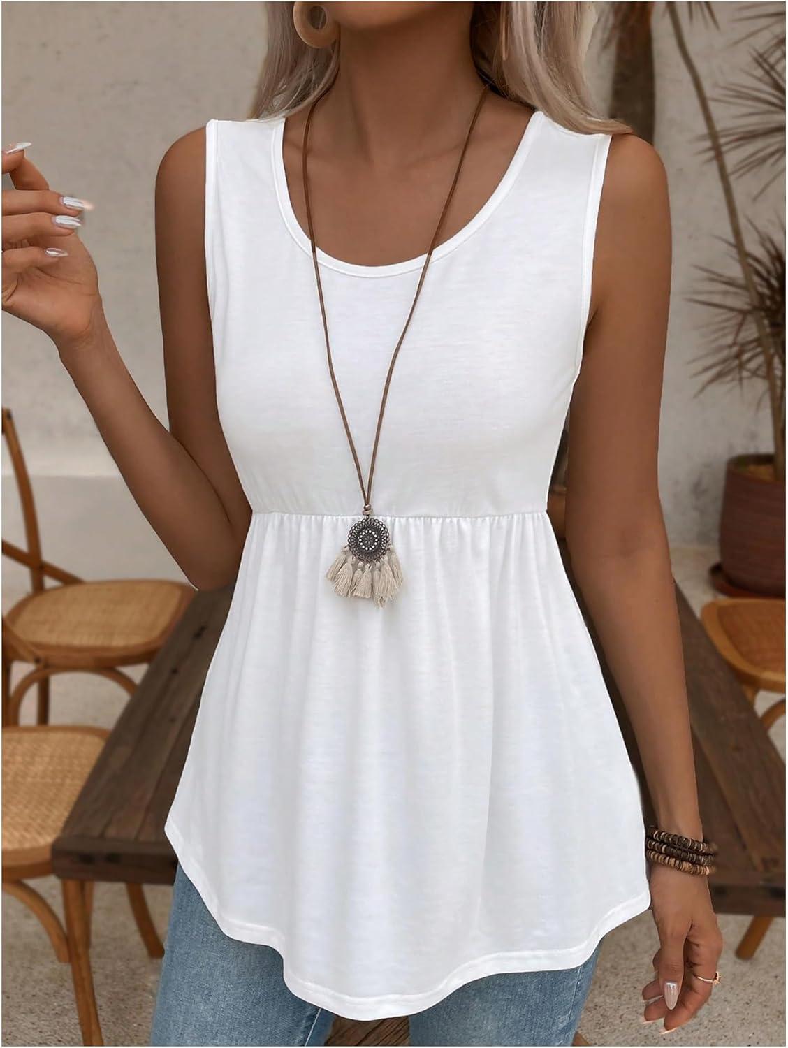 imageSweatyRocks Womens Summer Scoop Neck Ruffle Hem Babydoll Tank Sleeveless Peplum Tunic TopSolid White