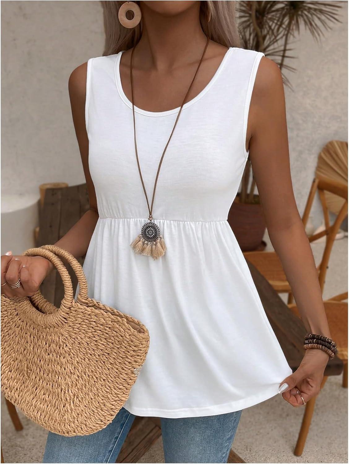 imageSweatyRocks Womens Summer Scoop Neck Ruffle Hem Babydoll Tank Sleeveless Peplum Tunic TopSolid White