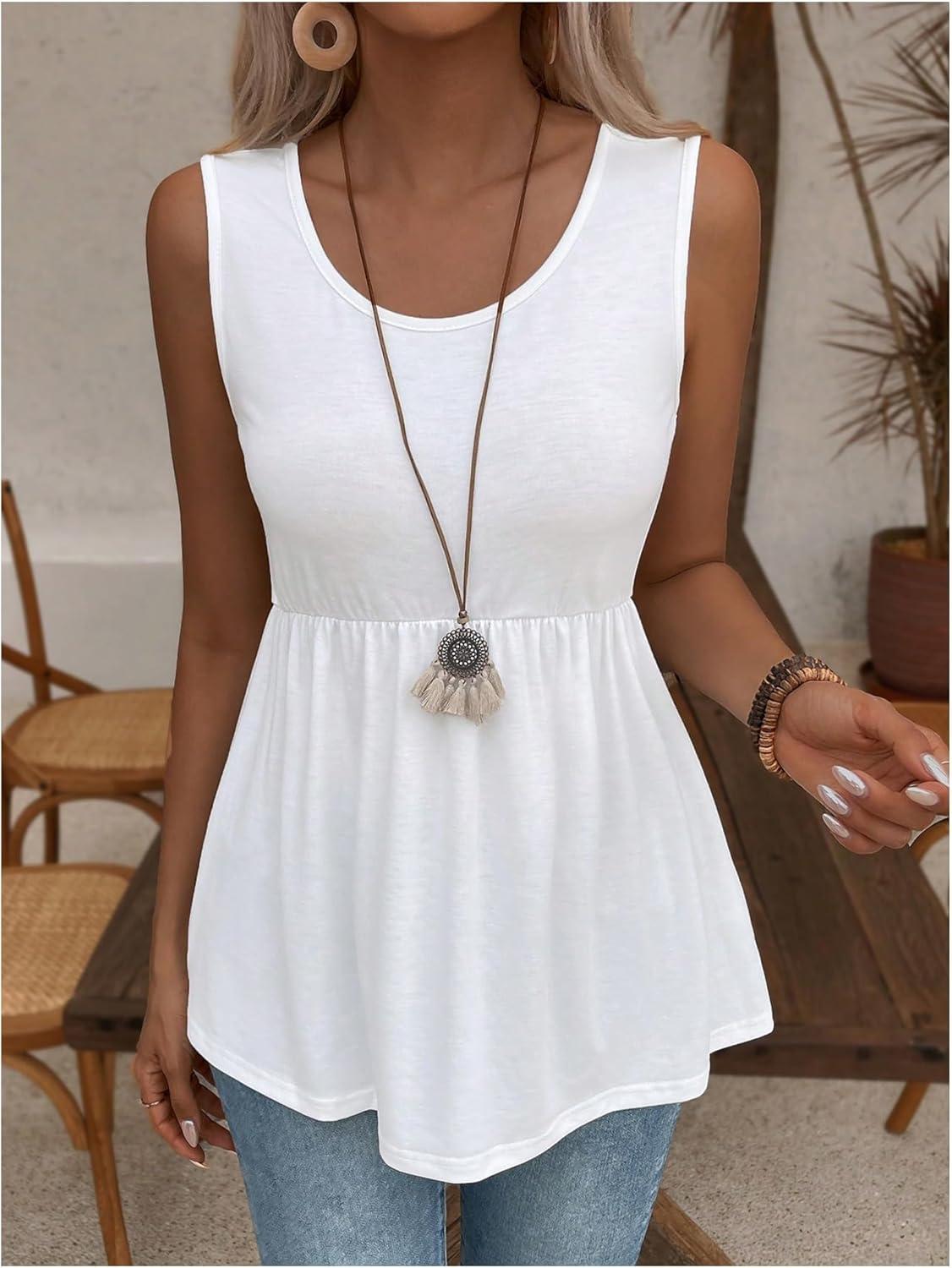 imageSweatyRocks Womens Summer Scoop Neck Ruffle Hem Babydoll Tank Sleeveless Peplum Tunic TopSolid White