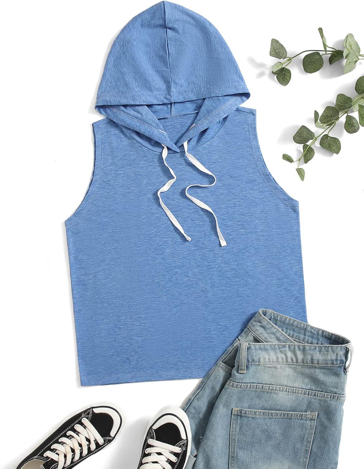 imageSweatyRocks Womens Summer Sleeveless Hooded Tank Top TShirt for Athletic Exercise Relaxed BreathablePlain Blue