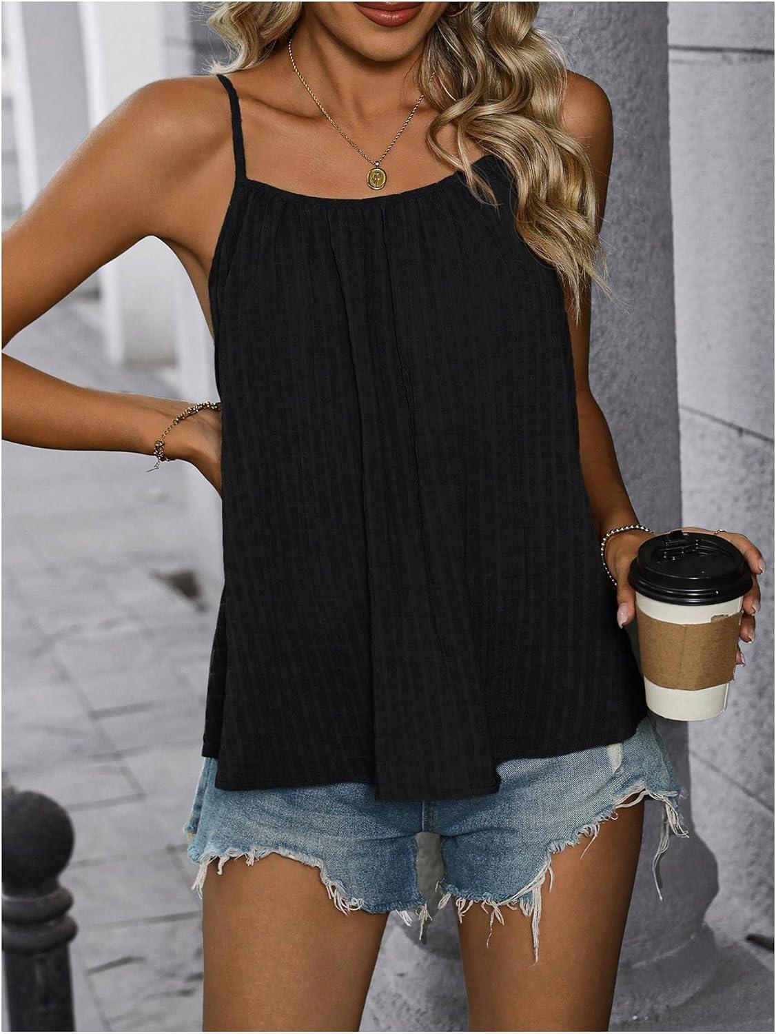imageSweatyRocks Womens Summer Tank Top Spaghetti Strap Pleated Camisole Sleeveless Loose Cami TopsBlack