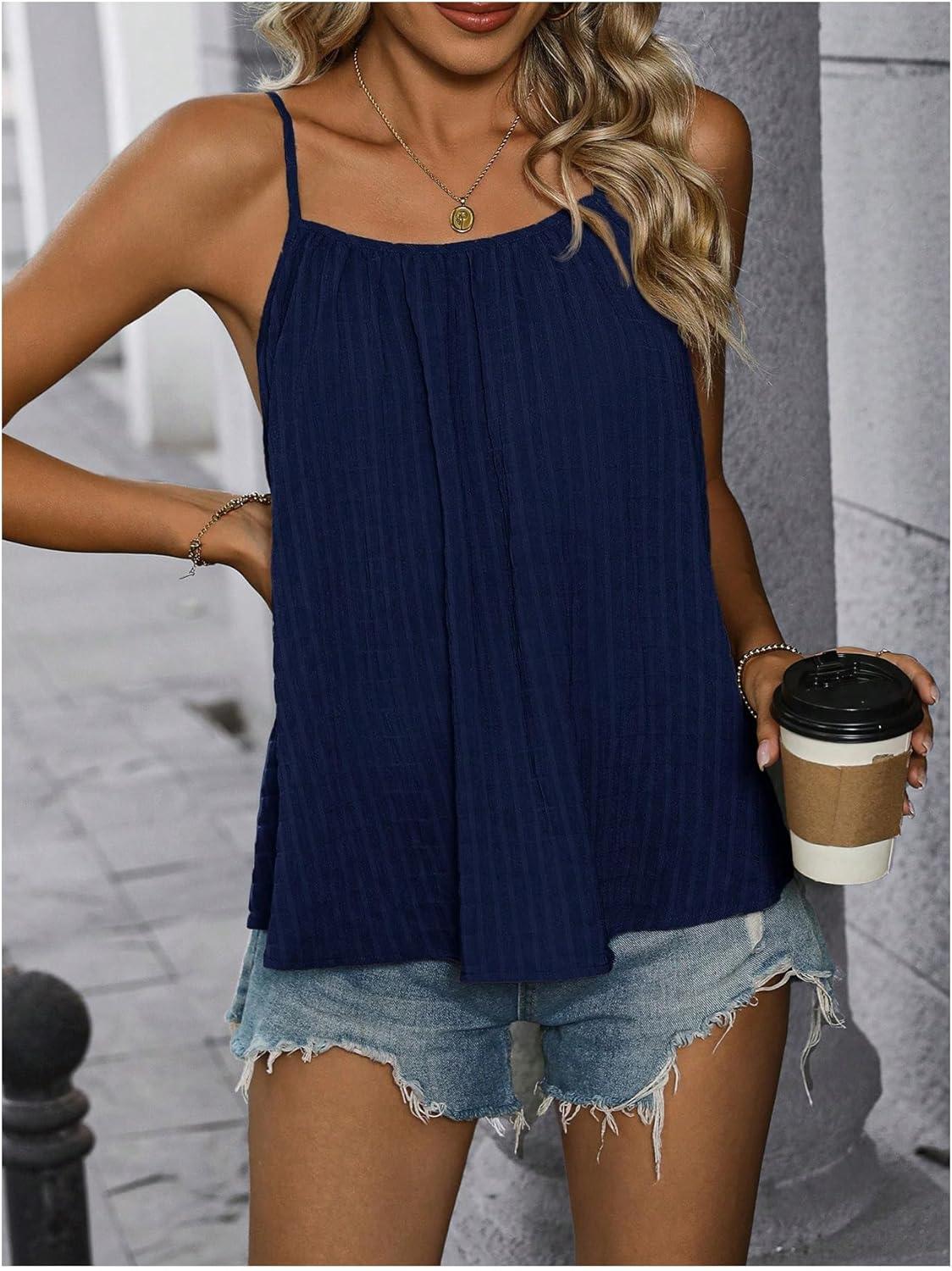 imageSweatyRocks Womens Summer Tank Top Spaghetti Strap Pleated Camisole Sleeveless Loose Cami TopsDark Blue