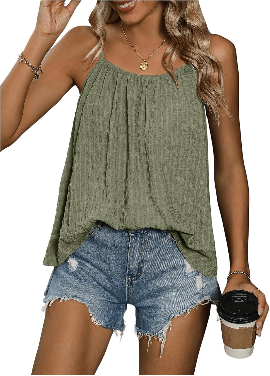 imageSweatyRocks Womens Summer Tank Top Spaghetti Strap Pleated Camisole Sleeveless Loose Cami TopsGreen
