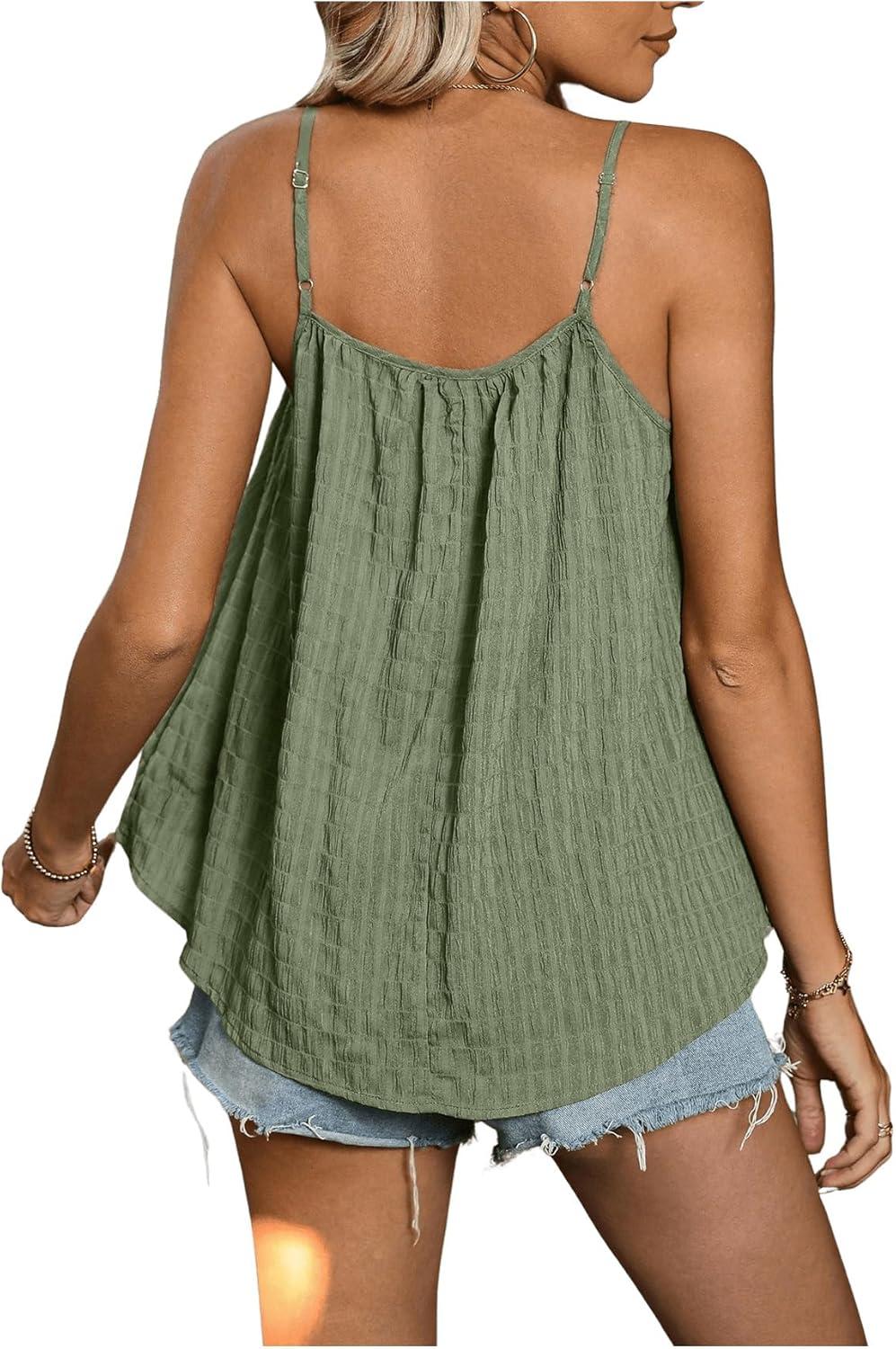 imageSweatyRocks Womens Summer Tank Top Spaghetti Strap Pleated Camisole Sleeveless Loose Cami TopsGreen