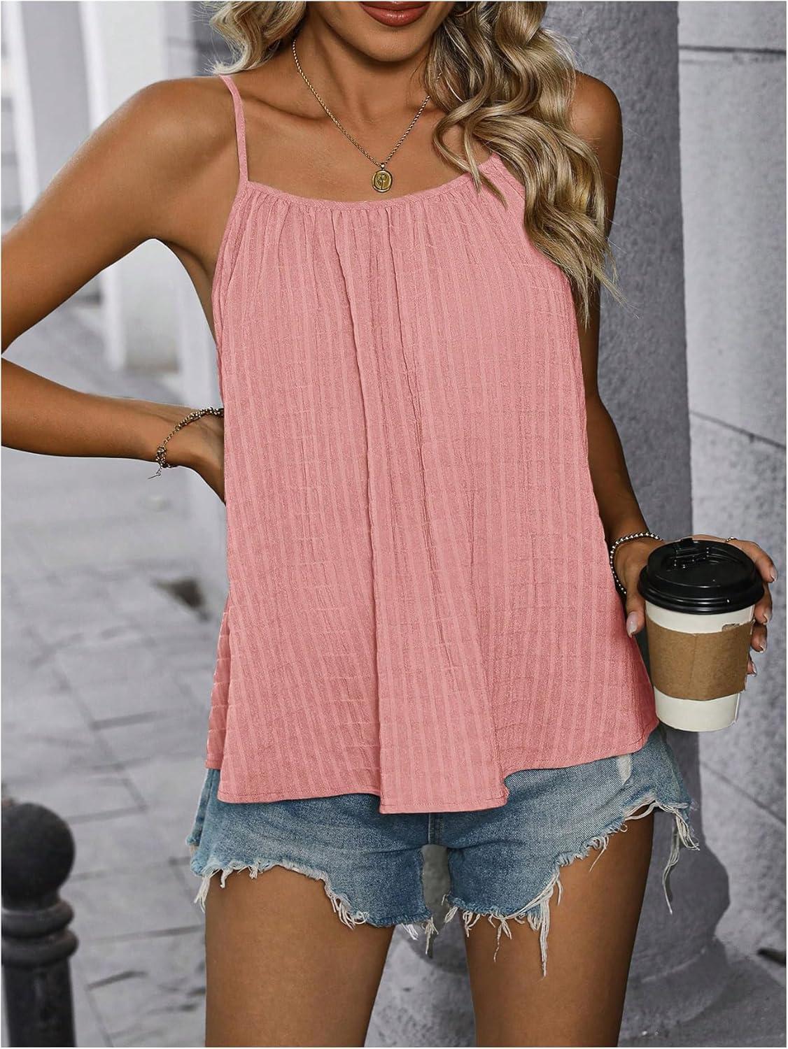 imageSweatyRocks Womens Summer Tank Top Spaghetti Strap Pleated Camisole Sleeveless Loose Cami TopsPink