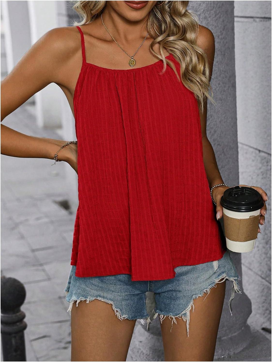 imageSweatyRocks Womens Summer Tank Top Spaghetti Strap Pleated Camisole Sleeveless Loose Cami TopsRed