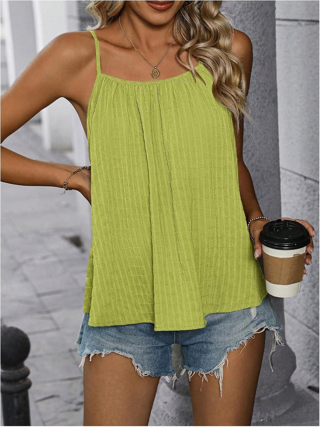 imageSweatyRocks Womens Summer Tank Top Spaghetti Strap Pleated Camisole Sleeveless Loose Cami TopsSolid Green