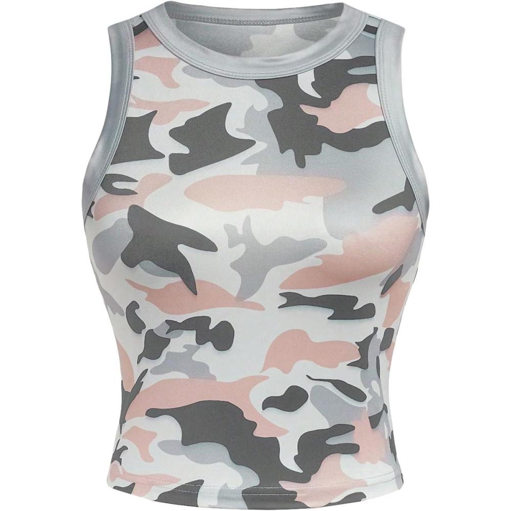 imageSweatyRocks Womens Camo Print Sleeveless Round Neck Tank Top Slim Fit Workout Vest TopsMulticolor