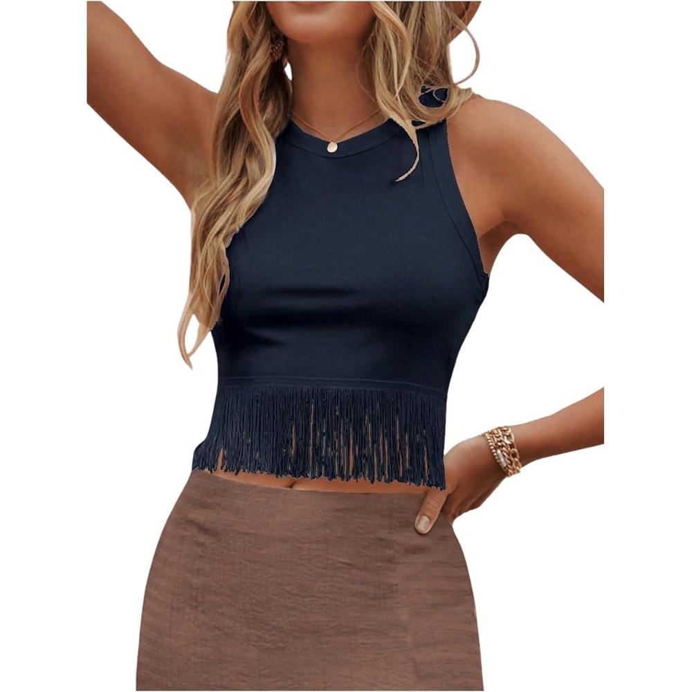 imageSweatyRocks Womens Casual Sleeveless Stretchy Ribbed Knit Shirt Racerback Crop Fringe Tank topBlue