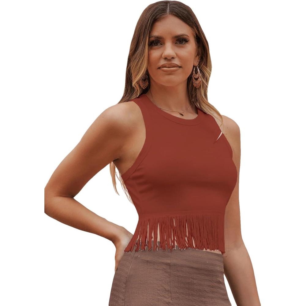 imageSweatyRocks Womens Casual Sleeveless Stretchy Ribbed Knit Shirt Racerback Crop Fringe Tank topRed