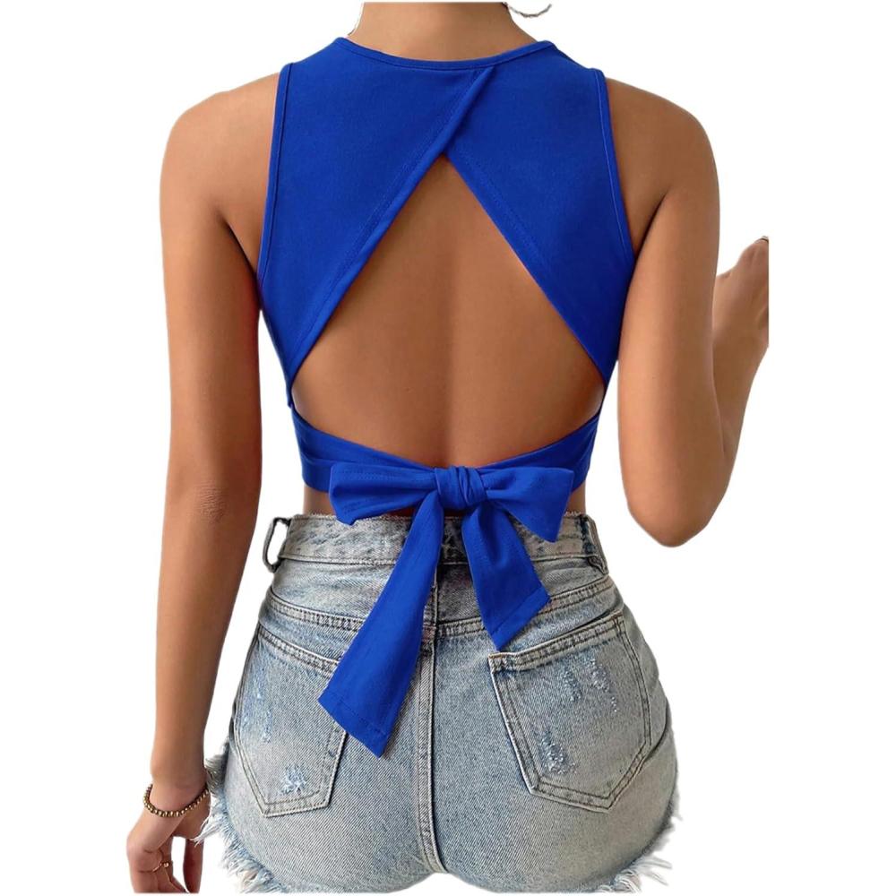 imageSweatyRocks Womens Crewneck Crop Tank Top Tie Back Casual Backless TopBlue