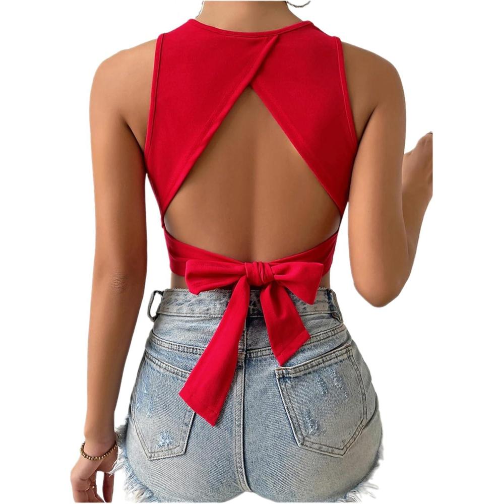 imageSweatyRocks Womens Crewneck Crop Tank Top Tie Back Casual Backless TopRed