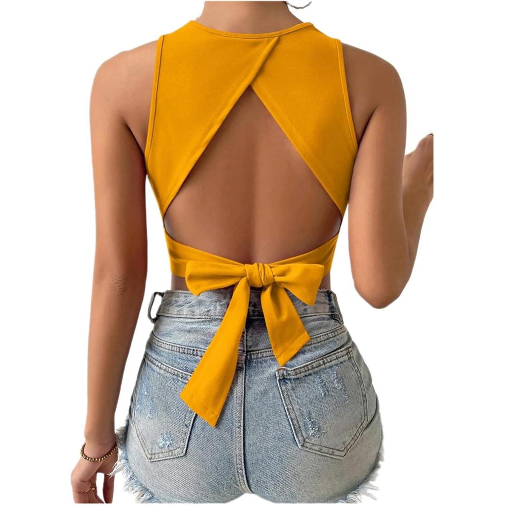 imageSweatyRocks Womens Crewneck Crop Tank Top Tie Back Casual Backless TopYellow