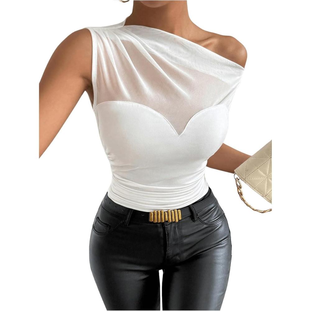 imageSweatyRocks Womens Sheer Mesh Asymmetrical Neck T Shirt Ruched Short Sleeve Tee TopsWhite