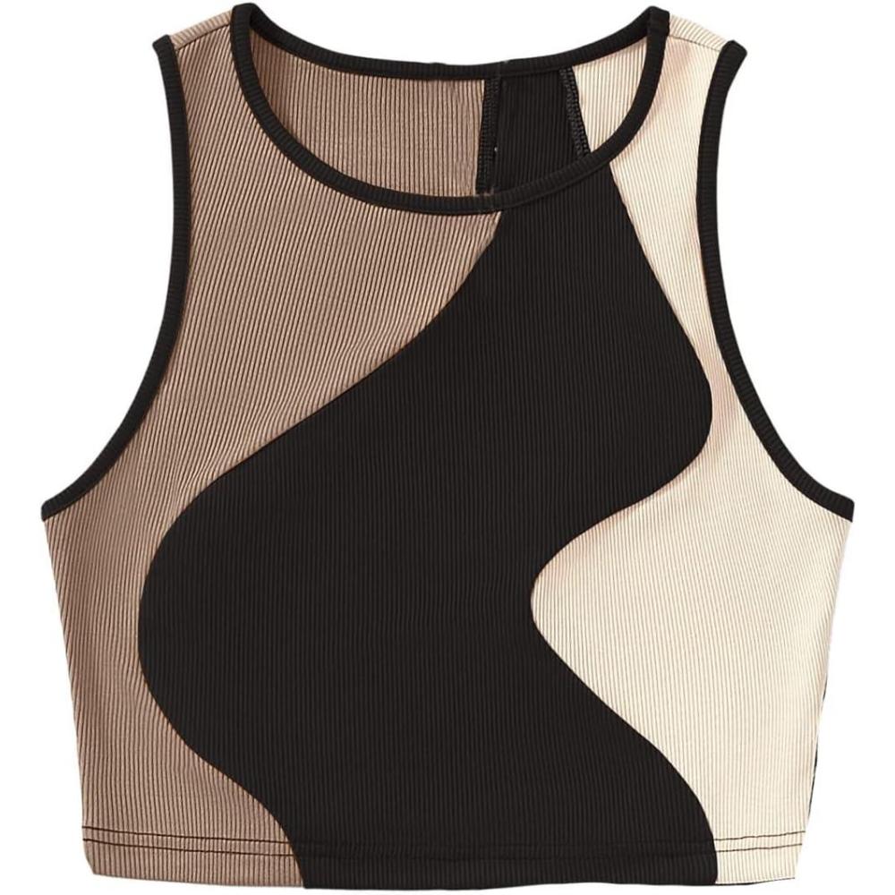 imageSweatyRocks Womens Summer Ribbed Knit Sleeveless Vest Color Block Crop Tank TopBlack Brown