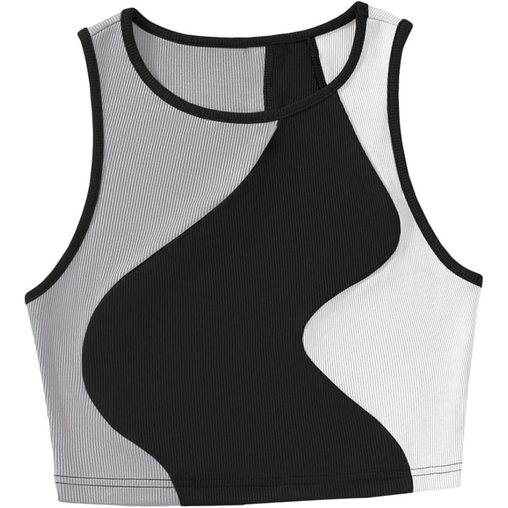 imageSweatyRocks Womens Summer Ribbed Knit Sleeveless Vest Color Block Crop Tank TopBlack and Grey