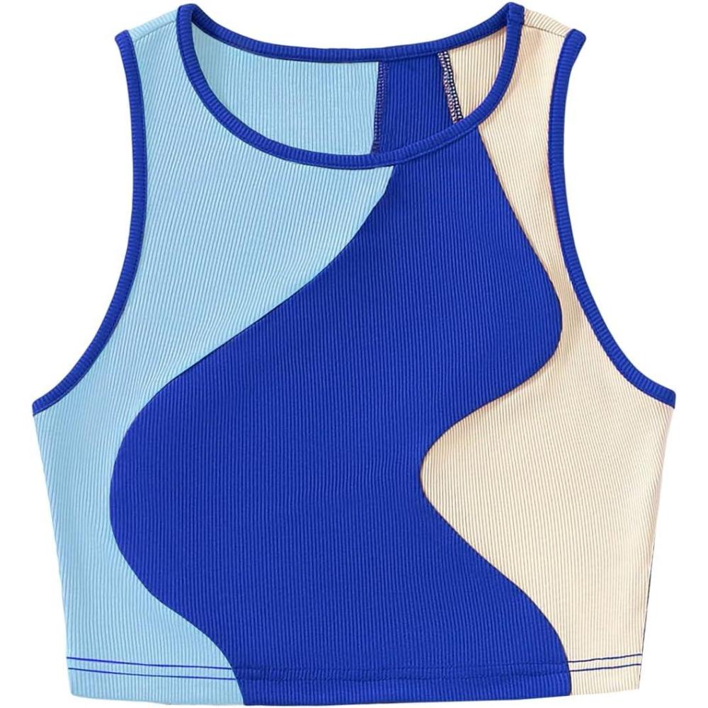imageSweatyRocks Womens Summer Ribbed Knit Sleeveless Vest Color Block Crop Tank TopBlue and Apricot