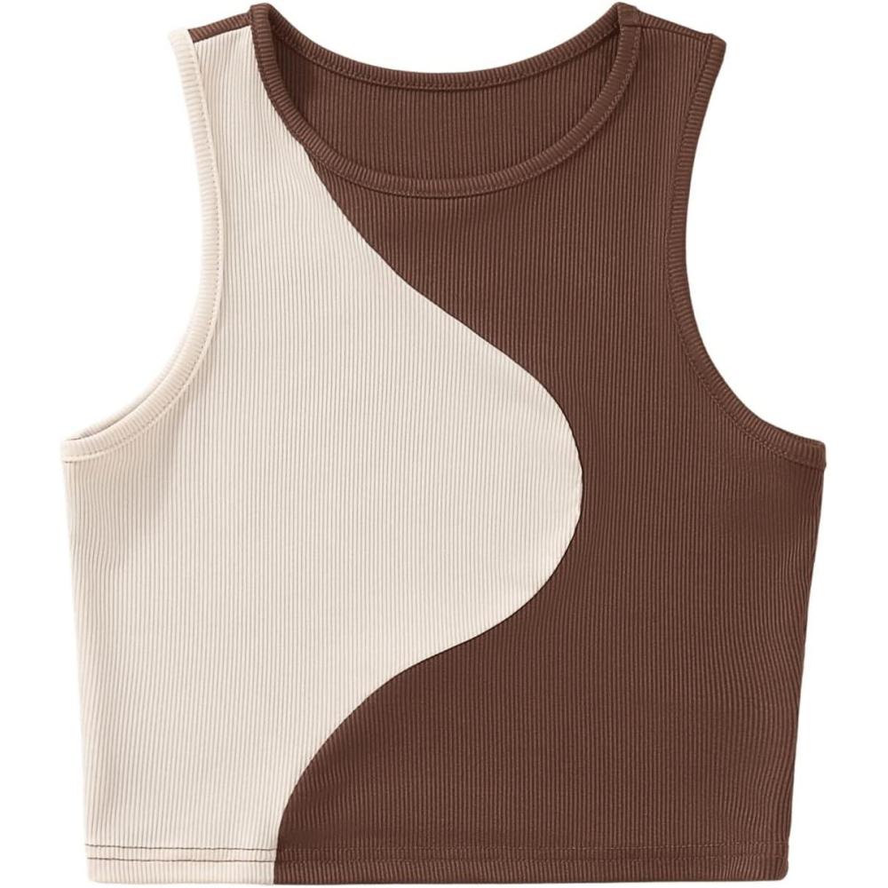 imageSweatyRocks Womens Summer Ribbed Knit Sleeveless Vest Color Block Crop Tank TopBrown Apricot