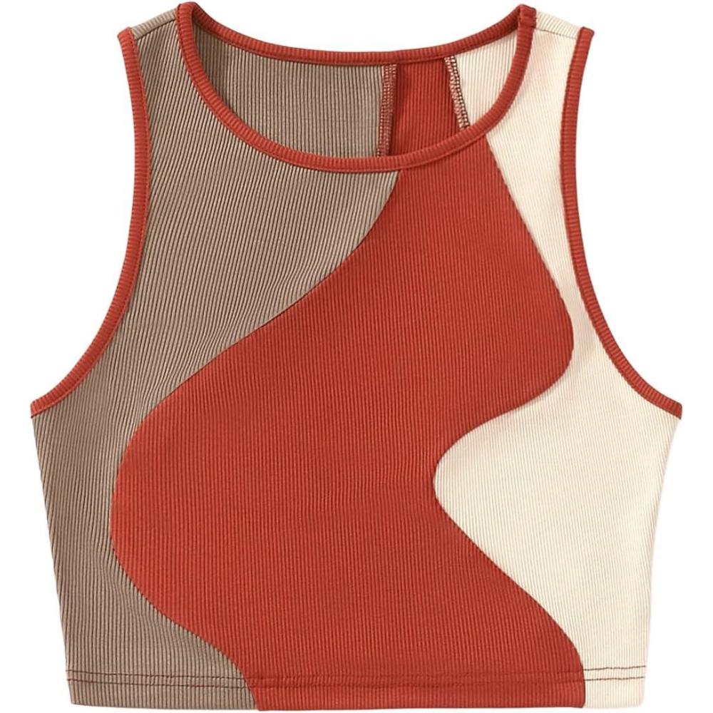 imageSweatyRocks Womens Summer Ribbed Knit Sleeveless Vest Color Block Crop Tank TopBrown Red