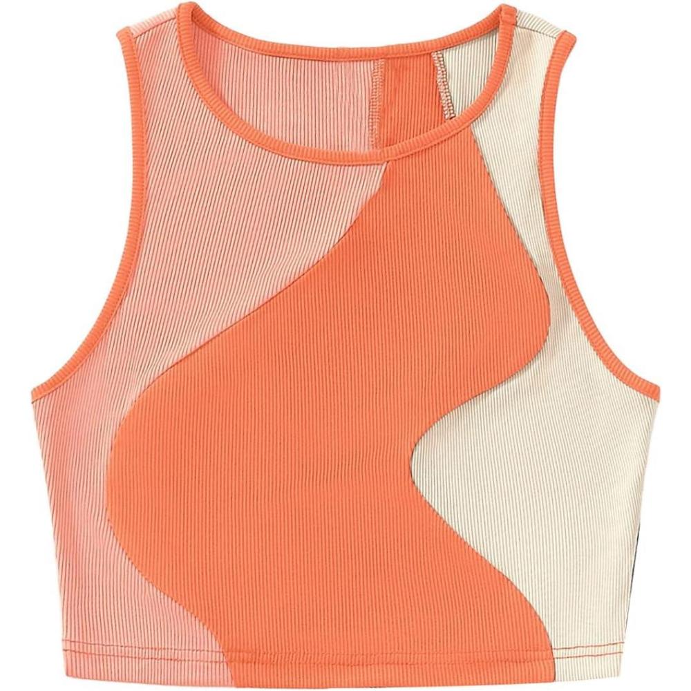 imageSweatyRocks Womens Summer Ribbed Knit Sleeveless Vest Color Block Crop Tank TopOrange