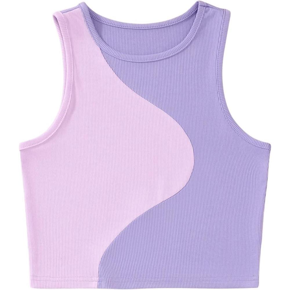 imageSweatyRocks Womens Summer Ribbed Knit Sleeveless Vest Color Block Crop Tank TopPink Purple