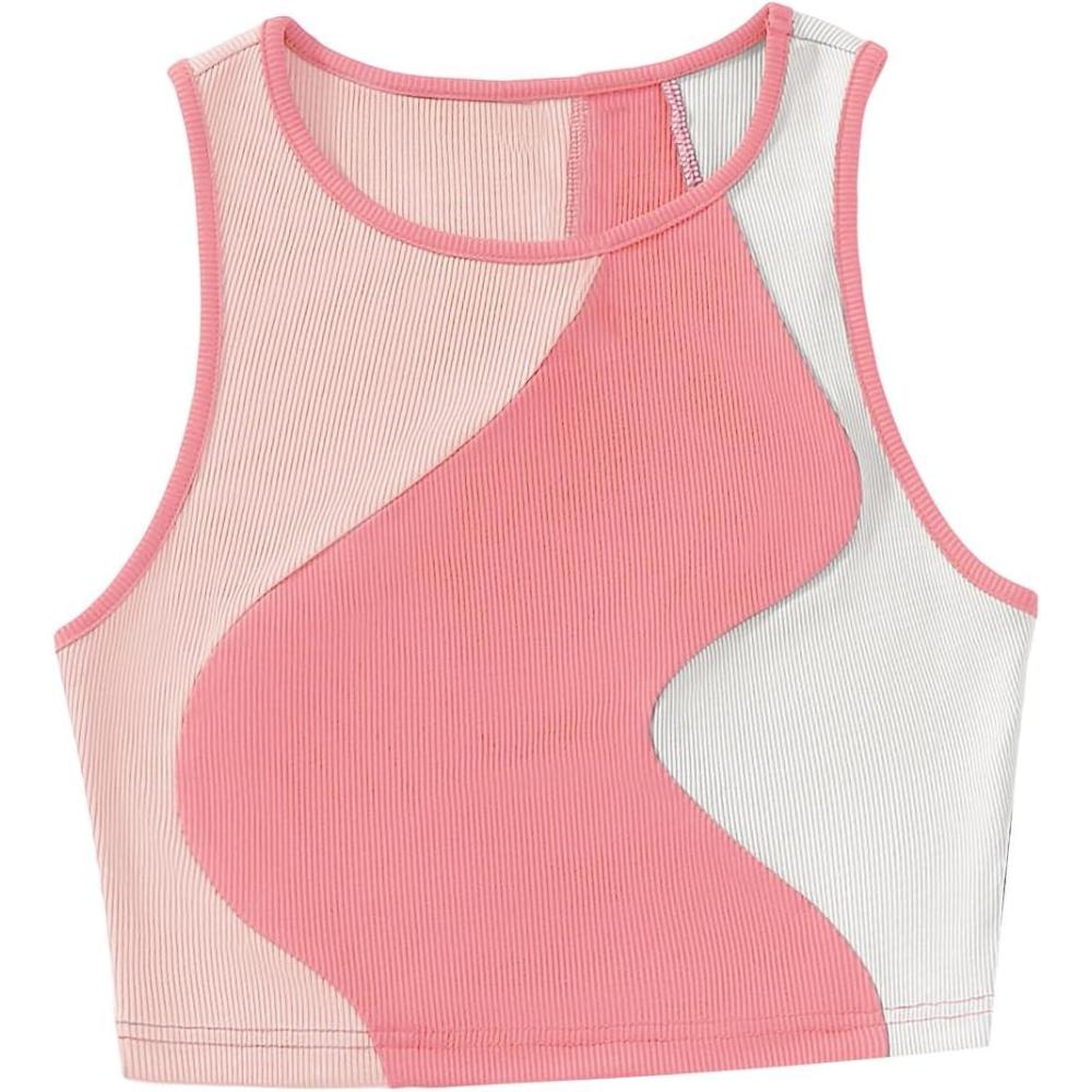 imageSweatyRocks Womens Summer Ribbed Knit Sleeveless Vest Color Block Crop Tank TopPink and White