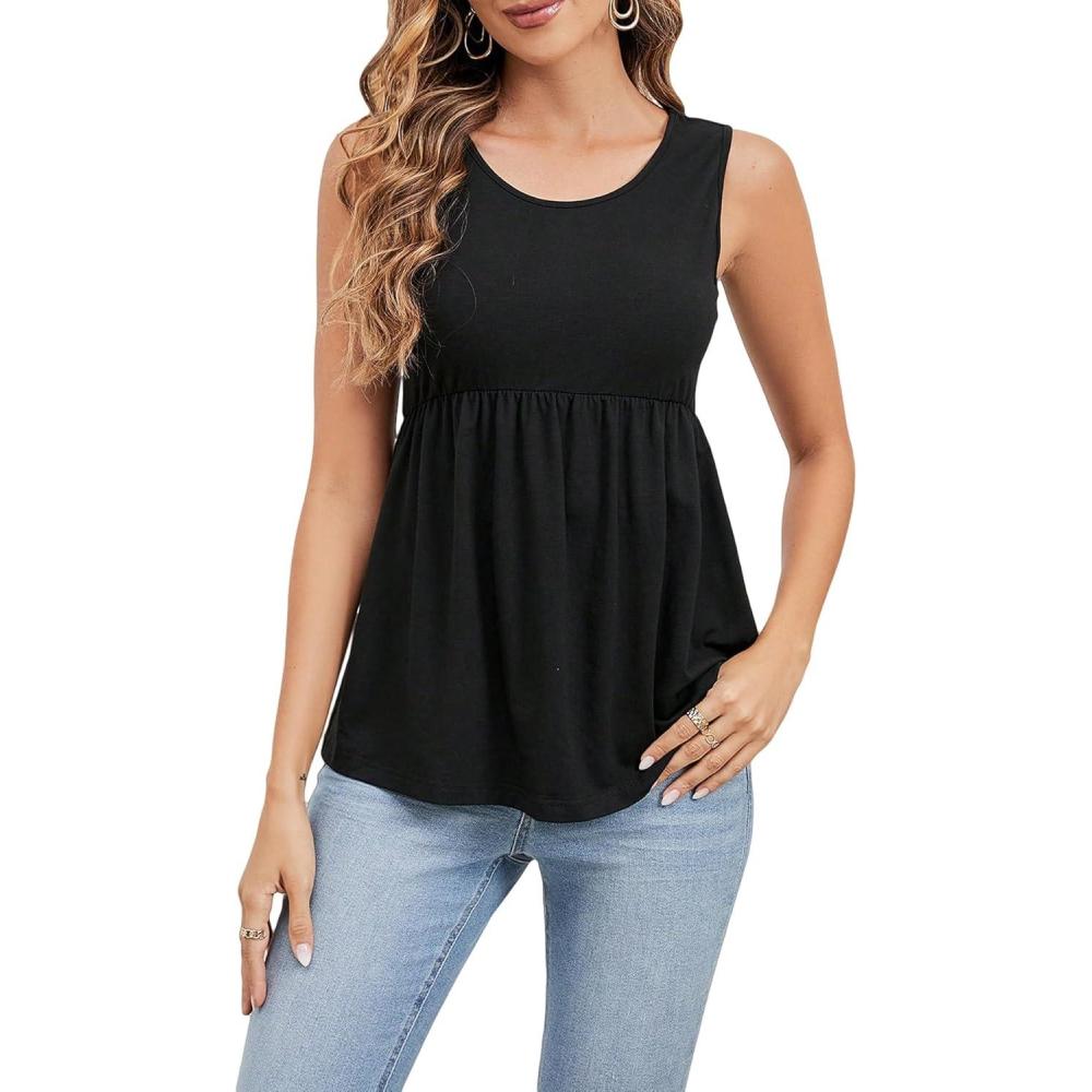 imageSweatyRocks Womens Summer Scoop Neck Ruffle Hem Babydoll Tank Sleeveless Peplum Tunic TopBlack
