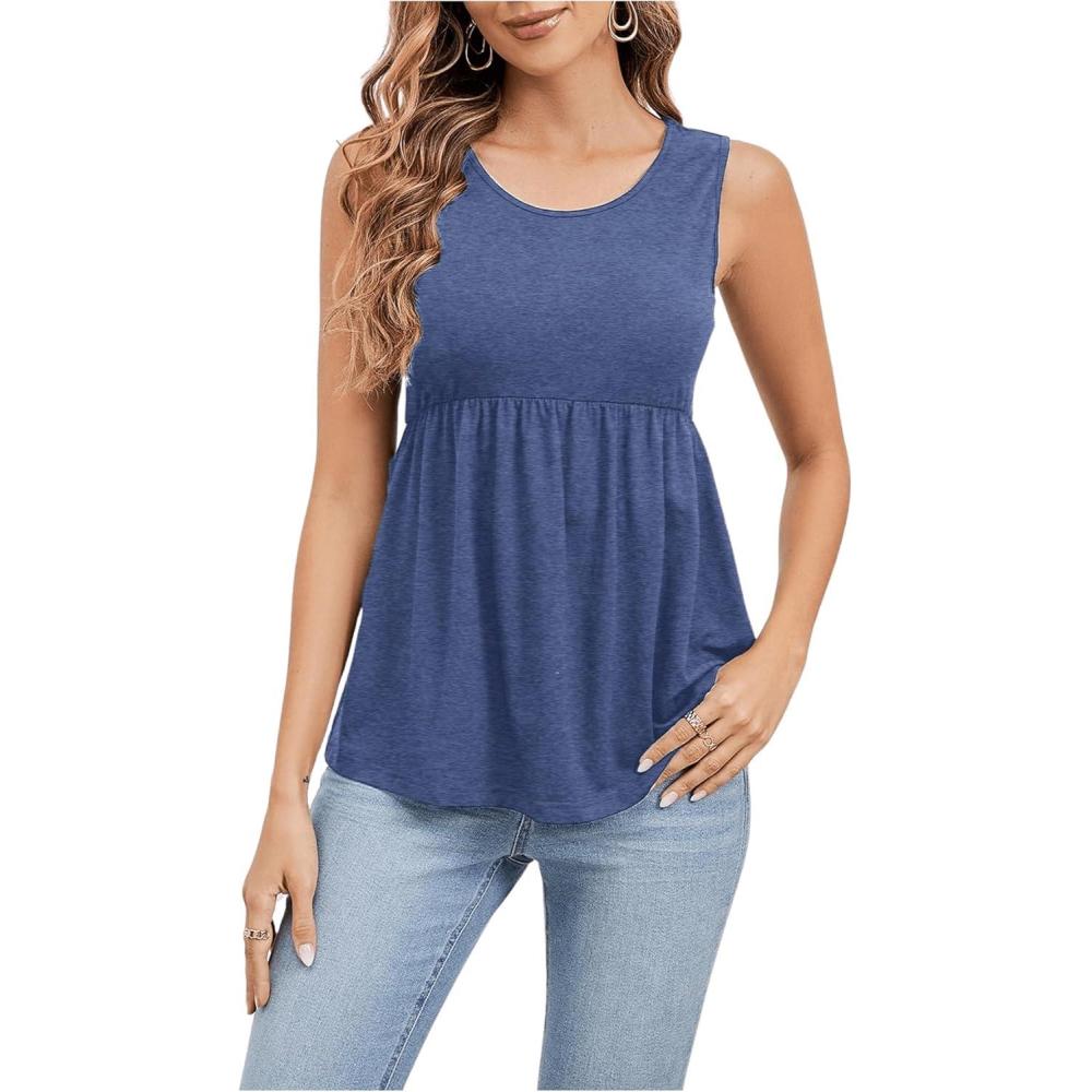 imageSweatyRocks Womens Summer Scoop Neck Ruffle Hem Babydoll Tank Sleeveless Peplum Tunic TopBlue