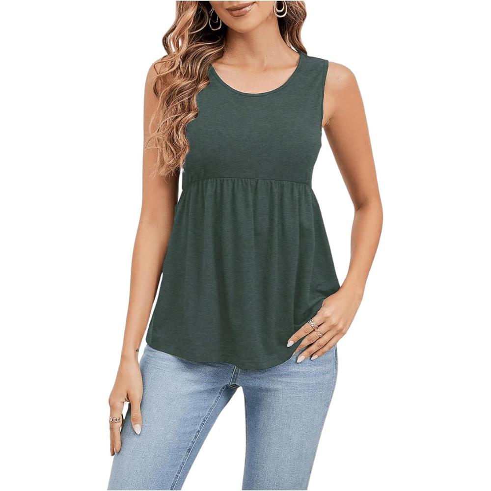 imageSweatyRocks Womens Summer Scoop Neck Ruffle Hem Babydoll Tank Sleeveless Peplum Tunic TopDark Green
