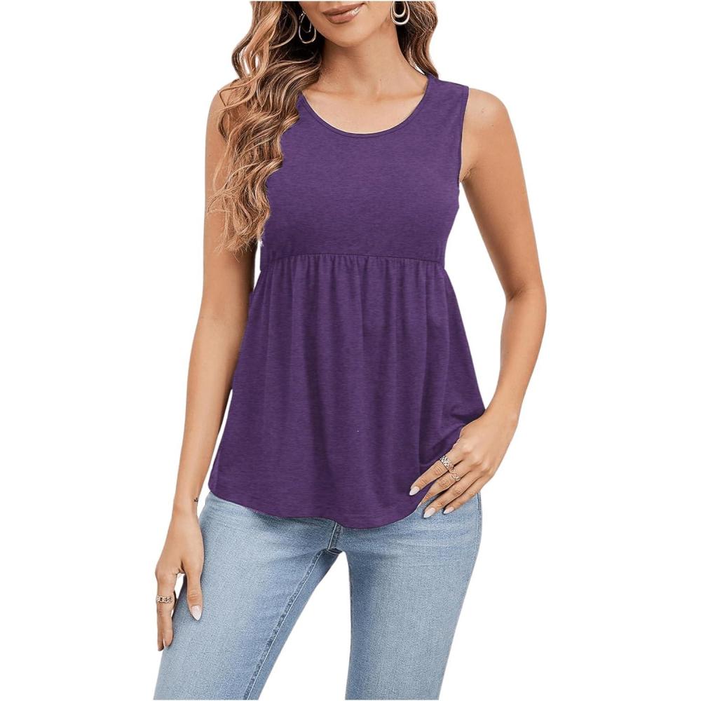imageSweatyRocks Womens Summer Scoop Neck Ruffle Hem Babydoll Tank Sleeveless Peplum Tunic TopPurple