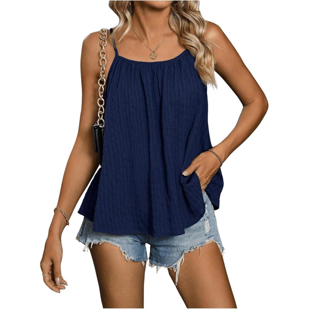 imageSweatyRocks Womens Summer Tank Top Spaghetti Strap Pleated Camisole Sleeveless Loose Cami TopsDark Blue