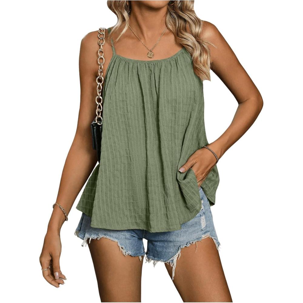 imageSweatyRocks Womens Summer Tank Top Spaghetti Strap Pleated Camisole Sleeveless Loose Cami TopsGreen