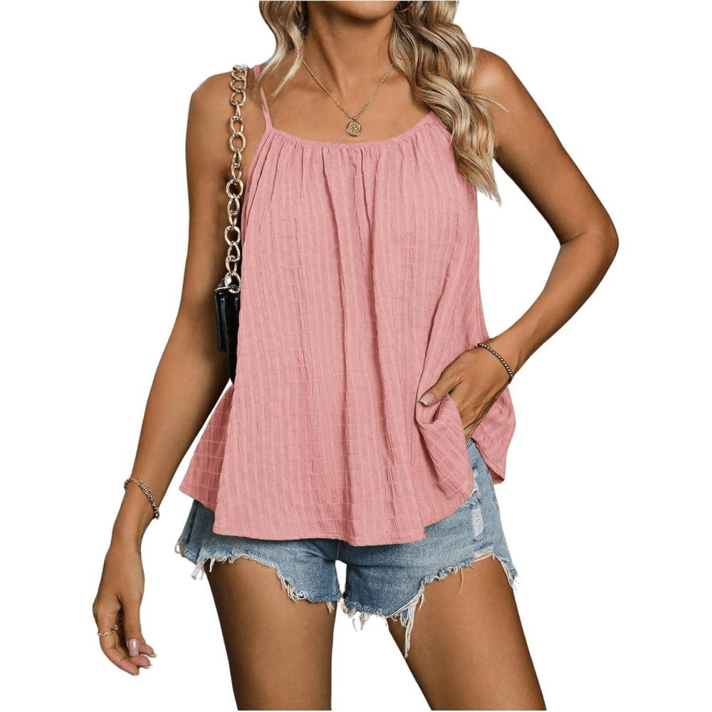 imageSweatyRocks Womens Summer Tank Top Spaghetti Strap Pleated Camisole Sleeveless Loose Cami TopsPink