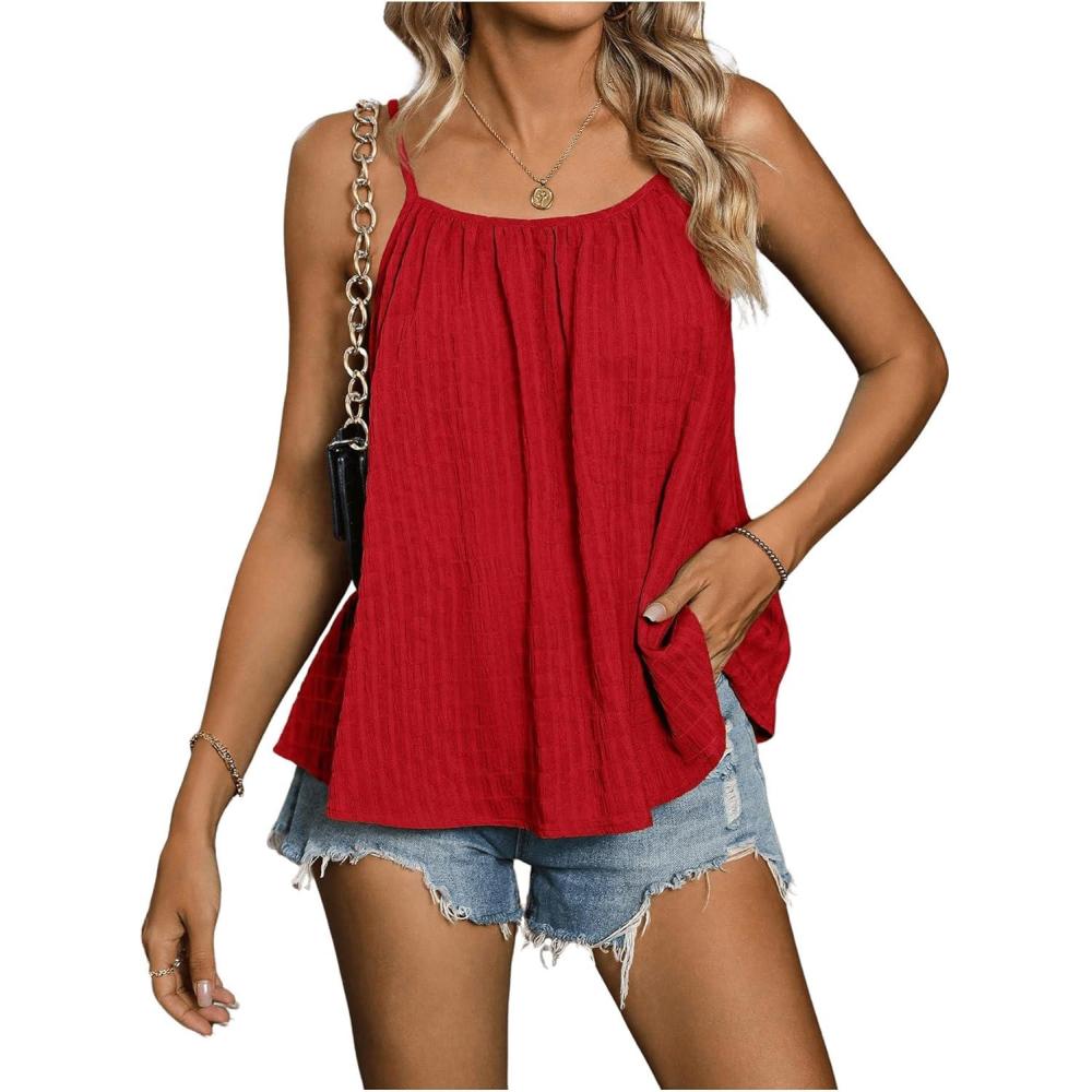 imageSweatyRocks Womens Summer Tank Top Spaghetti Strap Pleated Camisole Sleeveless Loose Cami TopsRed