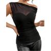 imageSweatyRocks Womens Sheer Mesh Asymmetrical Neck T Shirt Ruched Short Sleeve Tee TopsBlack