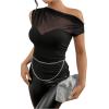 imageSweatyRocks Womens Sheer Mesh Asymmetrical Neck T Shirt Ruched Short Sleeve Tee TopsBlack