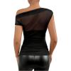 imageSweatyRocks Womens Sheer Mesh Asymmetrical Neck T Shirt Ruched Short Sleeve Tee TopsBlack
