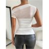 imageSweatyRocks Womens Sheer Mesh Asymmetrical Neck T Shirt Ruched Short Sleeve Tee TopsWhite