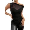 imageSweatyRocks Womens Sheer Mesh Asymmetrical Neck T Shirt Ruched Short Sleeve Tee TopsBlack