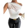 imageSweatyRocks Womens Sheer Mesh Asymmetrical Neck T Shirt Ruched Short Sleeve Tee TopsWhite