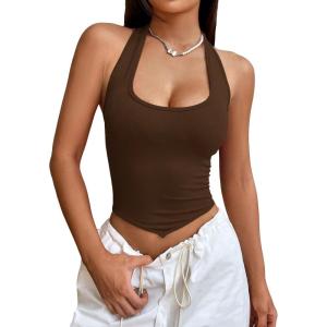 imageSweatyRocks Womens Asymmetrical Hem Backless Halter Top Casual Sleeveless Lace Up Back Cropped TankBrown